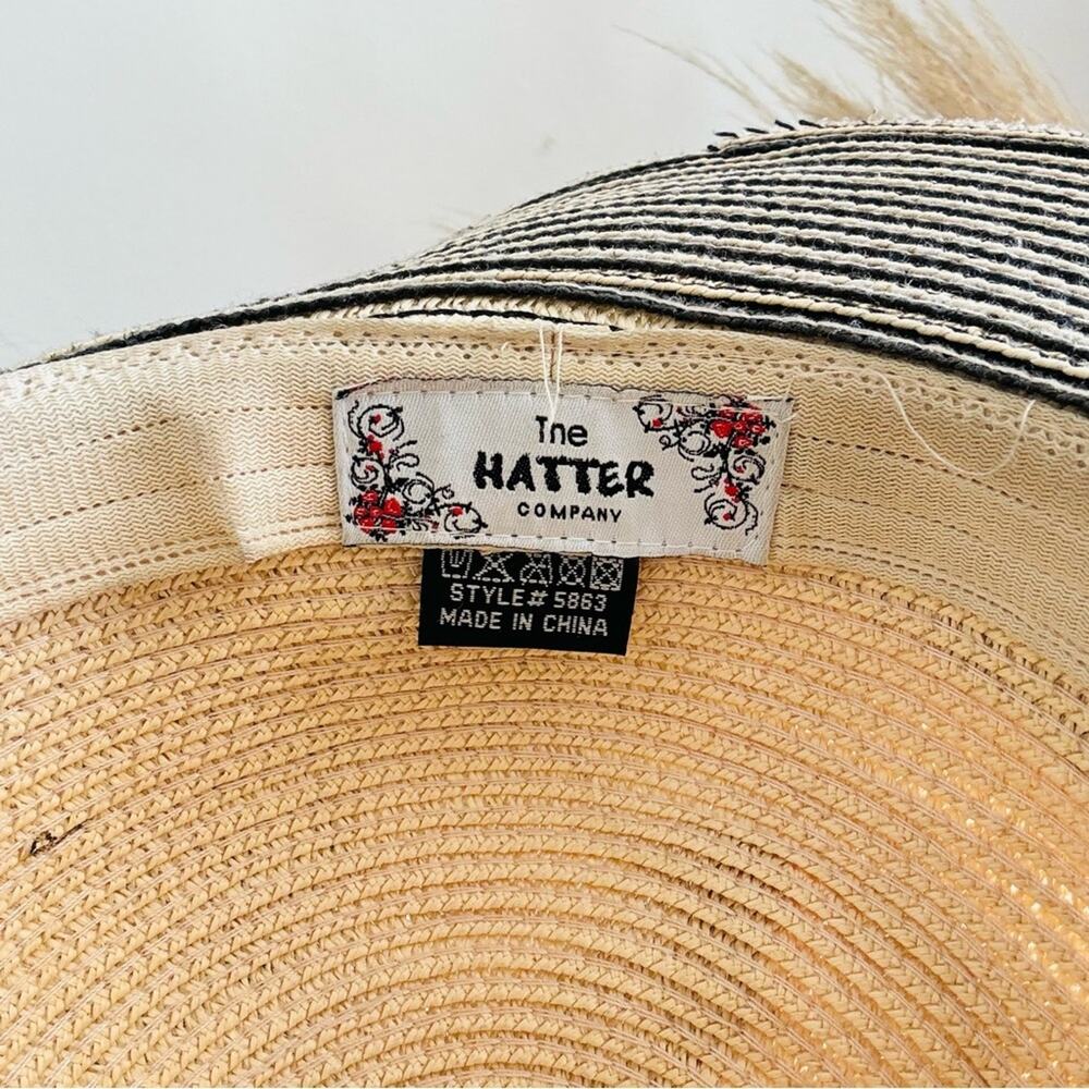 VINTAGE NORDSTROM Cream Tan Straw Wide Brim Floppy Black Bow Ribbon Sun Hat - Picture 5 of 9